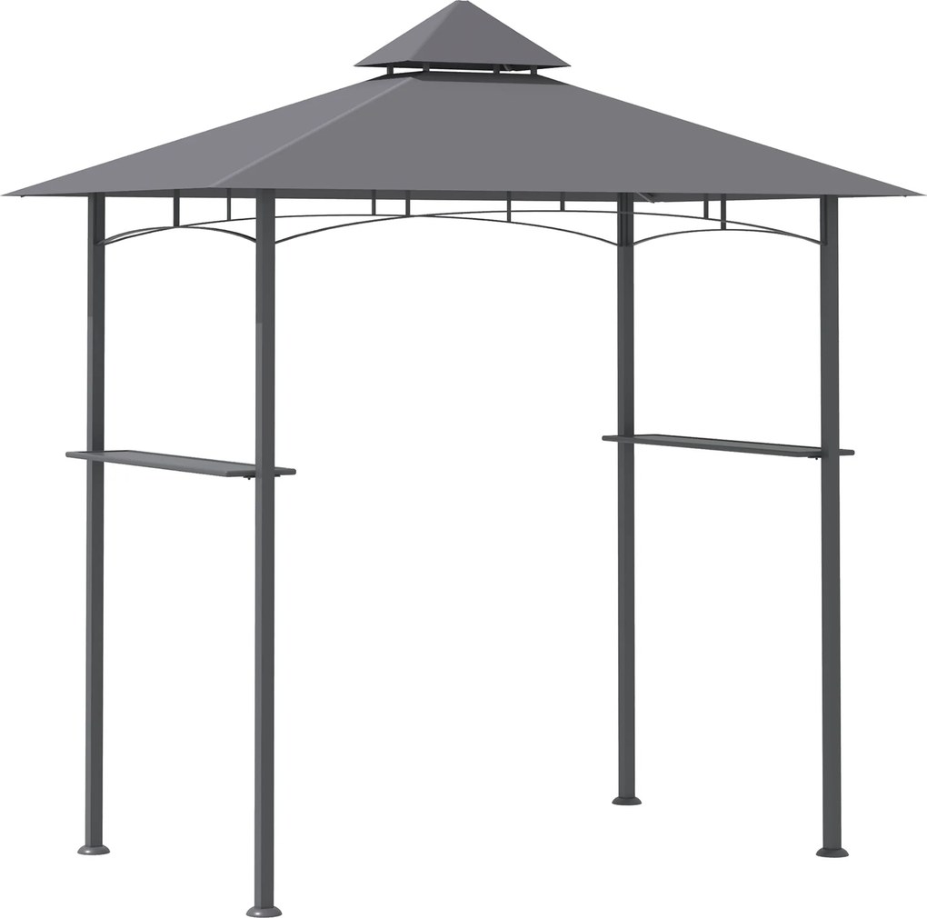 Grilovací pavilón Outsunny Záhradný stan Grilovací altánok Balkónový pavilón s policami Ohnivzdorná dvojitá strecha Šedý 245 x 148 x 252 cm | Aosom