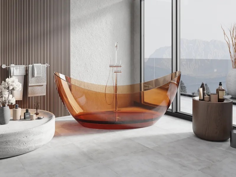 Mexen Vea, voľne stojaca vaňa transparentná 180×80 cm, hnedá, sifón chróm, 58091808005