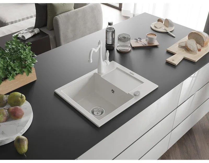 Mexen Enzo, granitový drez 576x465x174 mm, 1-komorový a drezová batéria Carla, biela, 6506-20-670700-20
