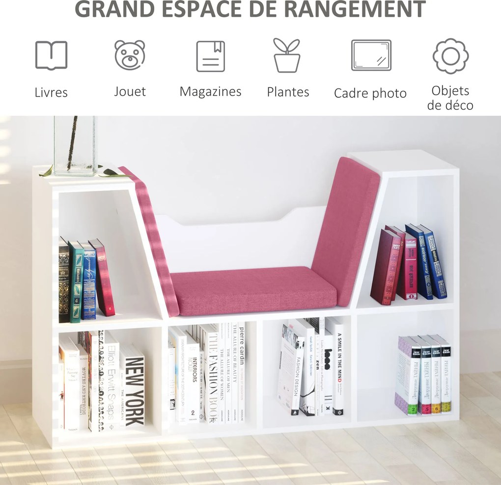 HOMCOM Moderný dizajn 2-v-1 Knižno-lavička 6 oddelení s 3 vankúšmi 102D x 30Š x 61V cm Biela Ružová | Aosom
