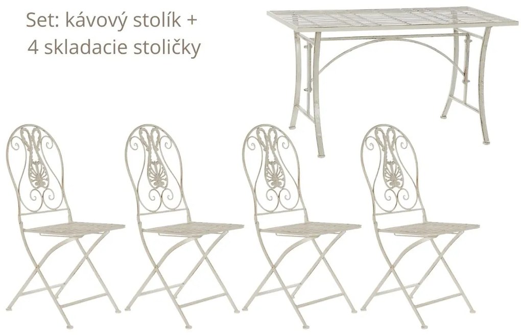 Záhradný set - kávový stolík 100x50x56 cm + 4 skladacie stoličky, biely kov s patinou
