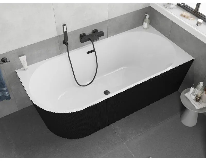 Mexen Silo, rohová voľne stojaca ryhovaná vaňa, pravá, 150 x 75 cm, biela-čierna, čierny matný prepad, 52891507575P-70