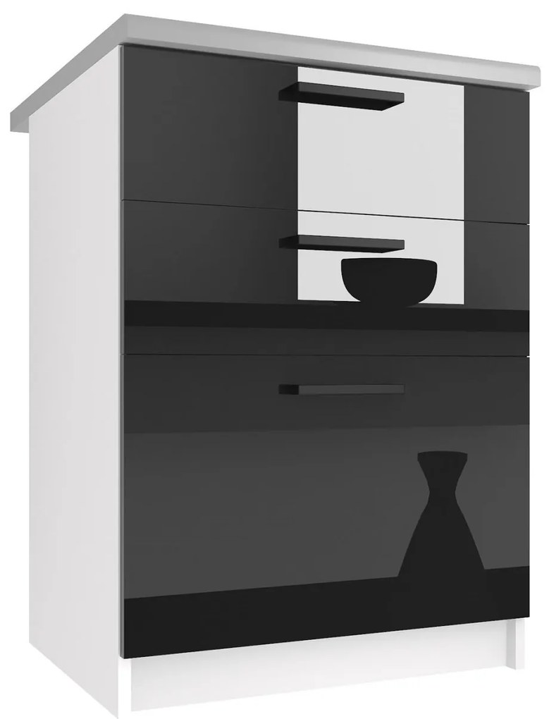 Kuchynská skrinka Belini spodná so zásuvkami 60 cm čierny lesk s pracovnou doskou INF SDSZ60/1/WT/B/0/B1