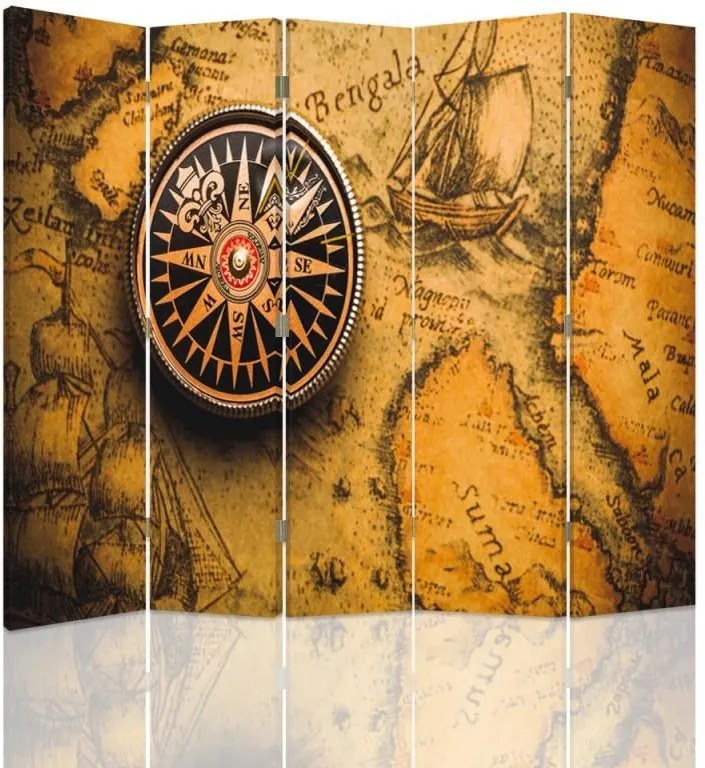 CARO Paraván - Compass On The Old Map | päťdielny | jednostranný 180x150 cm