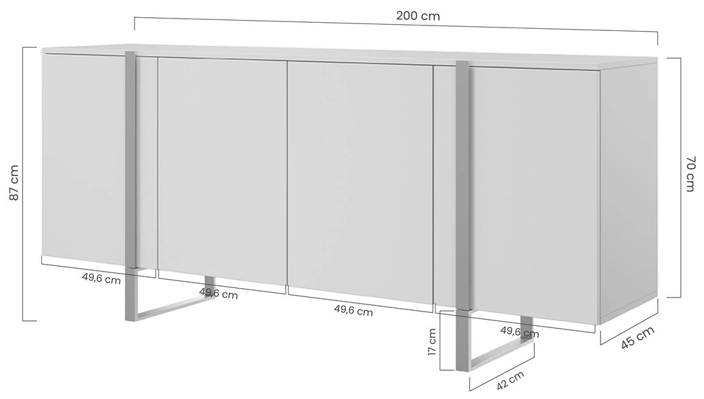 Štvor dverová komoda Verica 200 cm - biszkoptový dub / čierne nohy