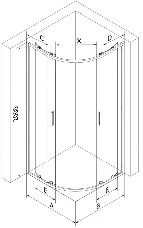 Mexen Exo, asymetrický sprchový kút s posuvnými dverami 90 x 90 cm, 6mm číre sklo, čierny profil, 8132-090-090-70-00