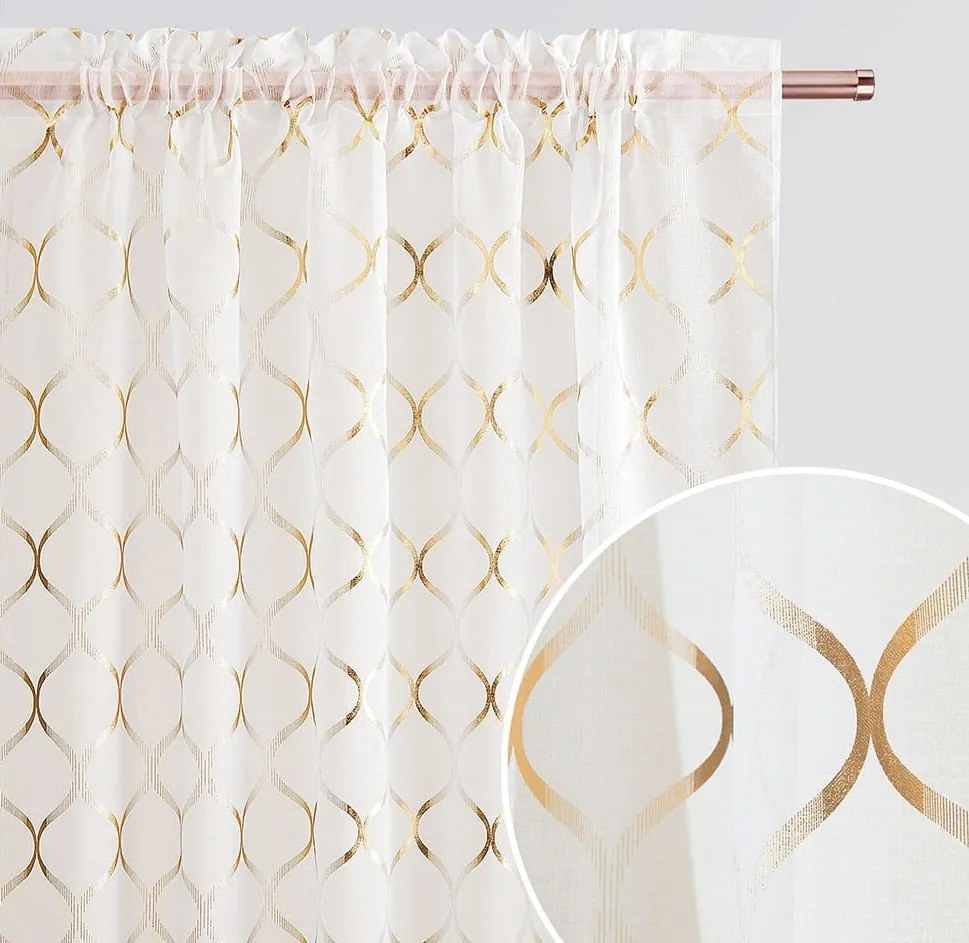 Luxusná biela záclona s glamour zlatým vzorom na pásku 140 x 250 cm