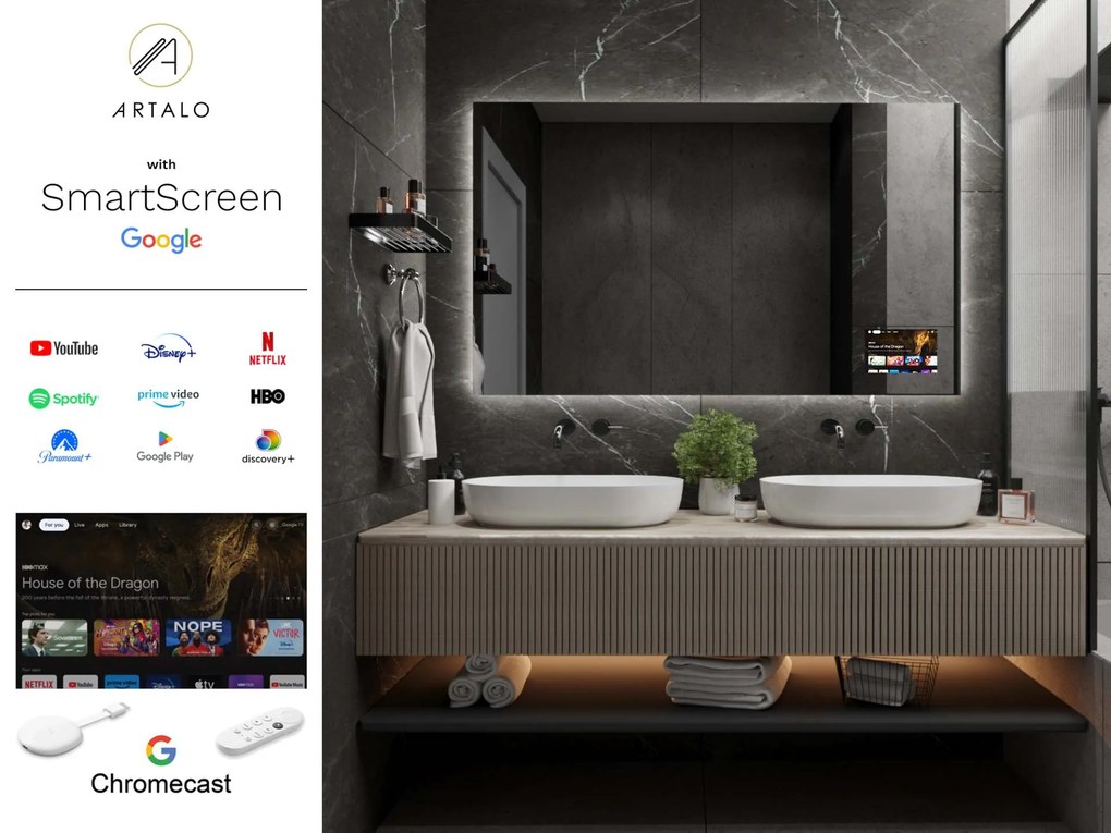 SMART Zrkadlo do kúpeľne s LED osvetlením M24 + SmartScreen with Google Chromecast