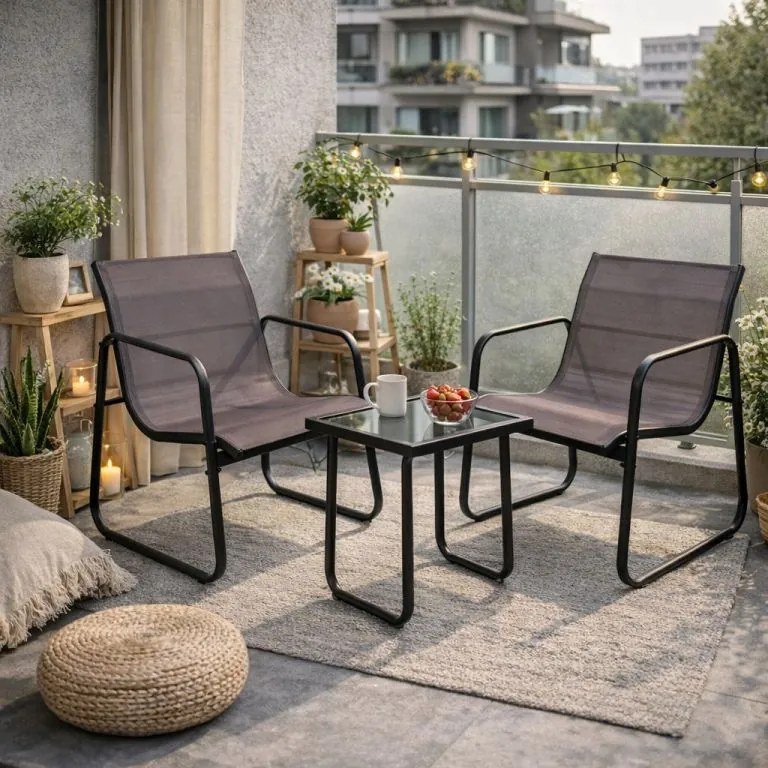 Záhradný relaxačný set stôl a 2 kreslá, oceľ, šedá