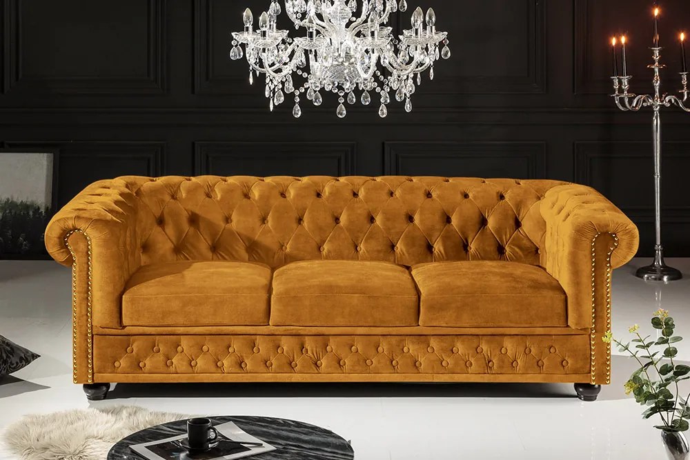 Dizajnová trojsedačka Chesterfield 205 cm horčicový zamat