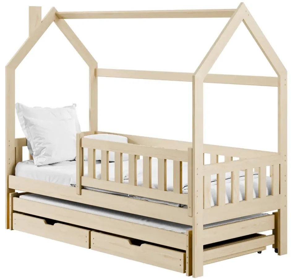 Detská domčeková posteľ s prístelkou a šuplíky MATYLDA - 200x90 cm - prírodná borovica