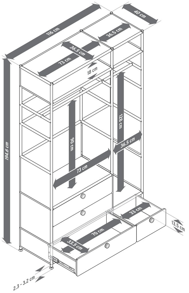 Kovový vešiak »CN3« s 2 tyčami na oblečenie a 4 zásuvkami
