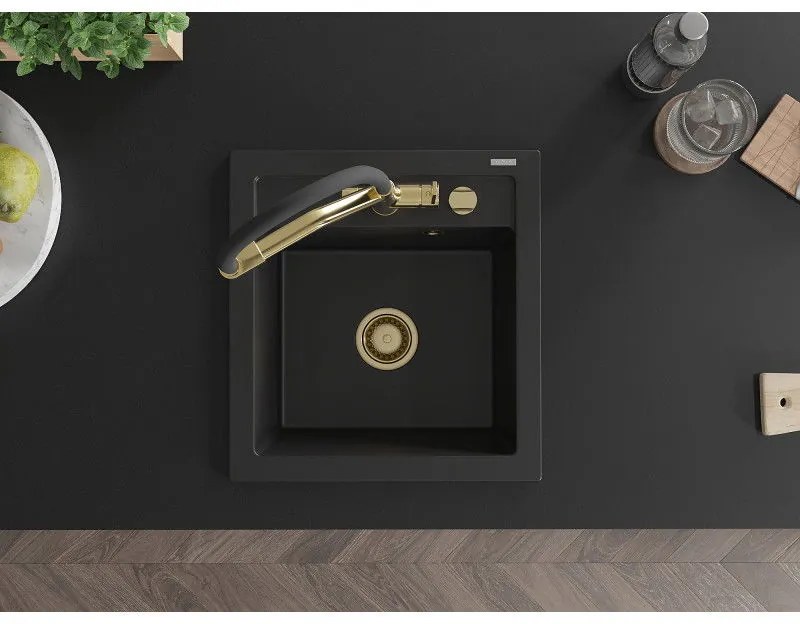 Mexen Vito, 1-komorový granitový drez 520x490x210 mm, drezová batéria Duo, čierna, 6503-77-671701-57-G