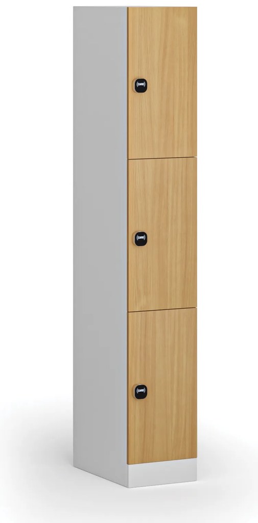 Šatníková skrinka S1 s úložnými boxmi, 3 boxy, 1850 x 300 x 500 mm, zámok s čítačkou RFID kariet, laminované dvere, buk