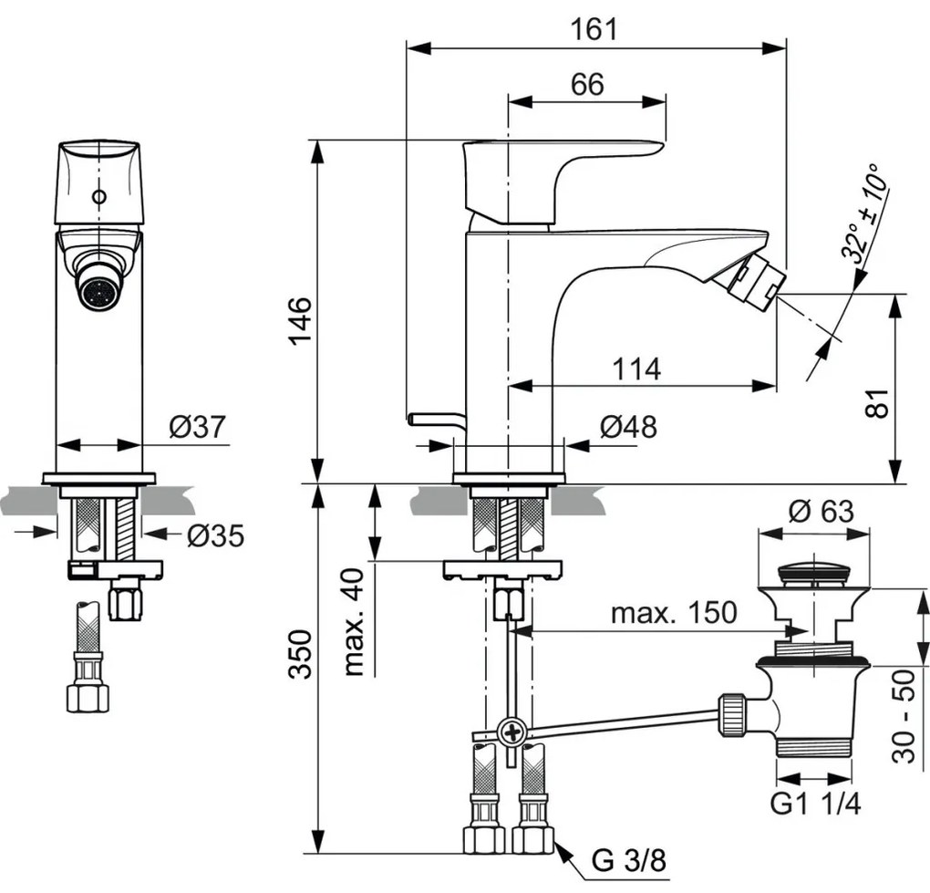 Ideal Standard Connect Air - Bidetová batéria s odtokovou garnitúrou, magnetovo šedá A7030A5