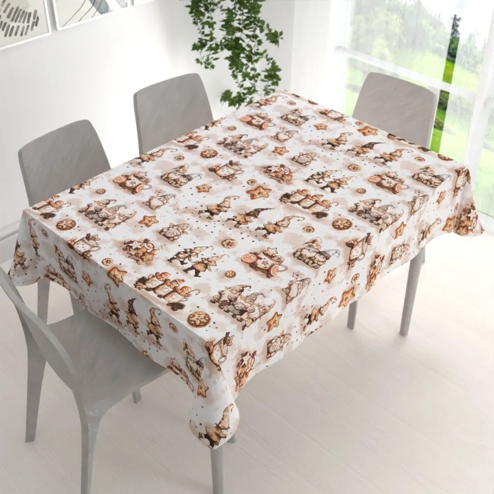 Biante Bavlnený obdĺžnikový obrus Sandra SA-663 Hnedí škriatkovia s perníčkami na bielom 50x100 cm