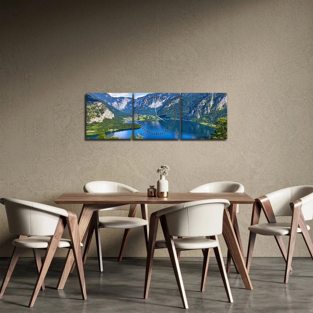 Obraz - Halštatské jazero, Hallstatt, Rakúsko (s hodinami) (90x30 cm)
