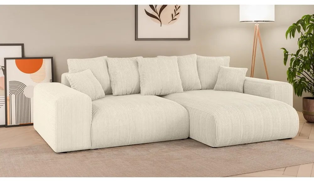 Krémová menčestrová rozkladacia rohová pohovka s úložným priestorom (variabilný roh) Luma – Ropez