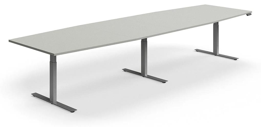 Výškovo nastaviteľný rokovací stôl QBUS, ovál, 4000x1200 mm, strieborný rám, svetlošedá
