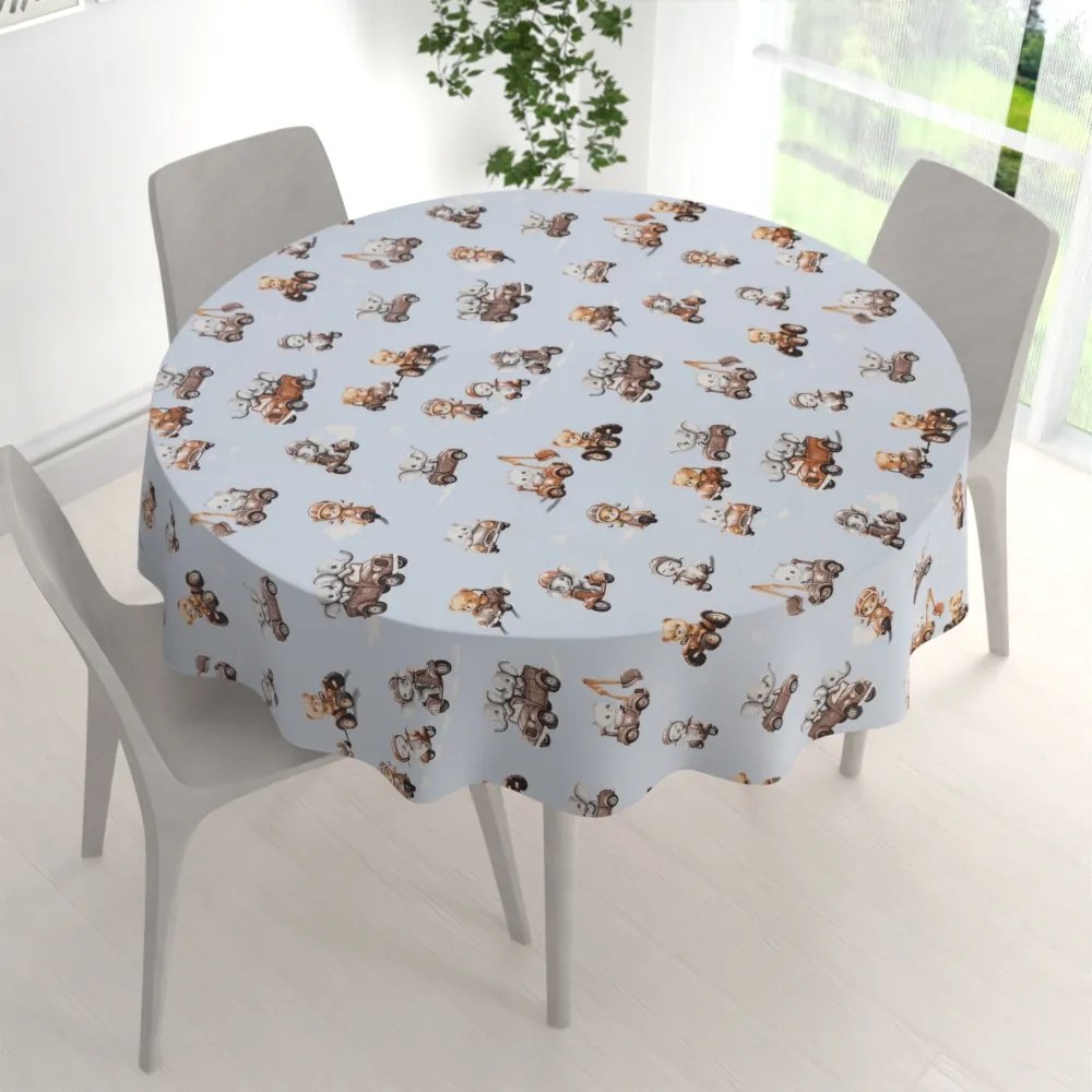 Biante Detský bavlnený okrúhly obrus Sandra SA-629 Zvieratká v autách na modrom Ø 70 cm