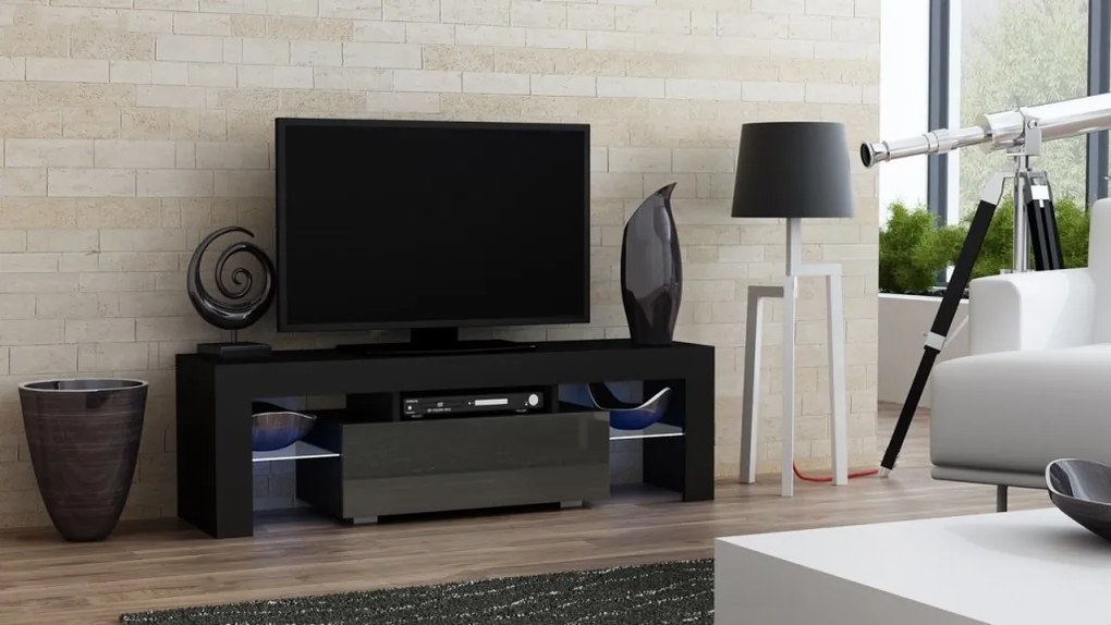 Mazzoni TV stolík MILANO lesklý 130 LED čierna, šedá zásuvka