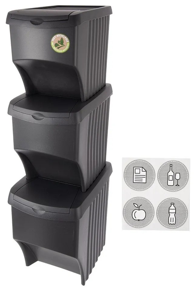 Čierne plastové odpadkové koše v súprave 3 ks 3x22 l na triedený odpad – Orion