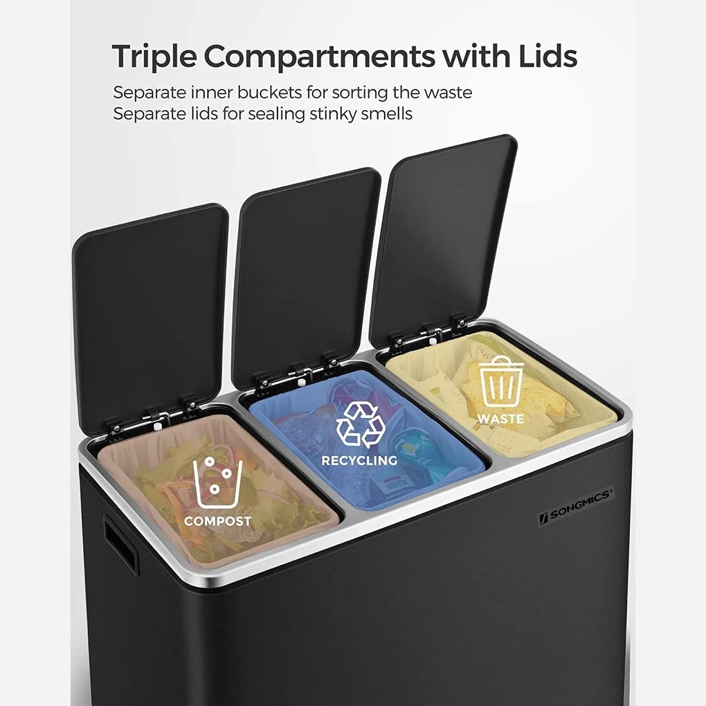 Selektívny odpadkový kôš pedálový 54L, 3x18 L, čierny