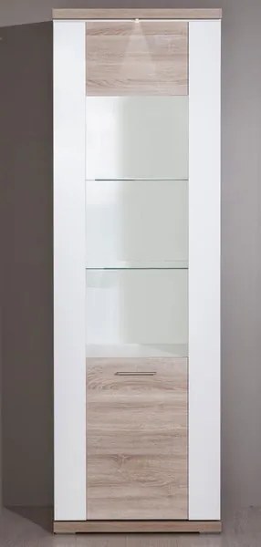 Vysoká vitrína Caracas typ 01, dub/biely lesk, s osvetlením