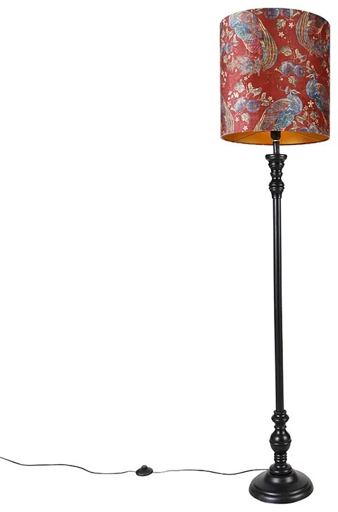 Stojaca lampa čierna s červeným tienidlom s pávím vzorom 40 cm - Classico