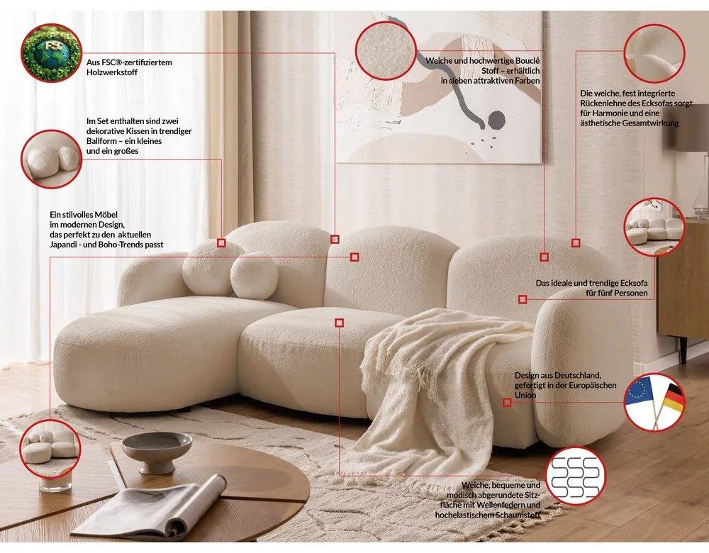 Svetlohnedá rohová pohovka z textílie buklé (ľavý roh/s leňoškou) Orbit – Ropez