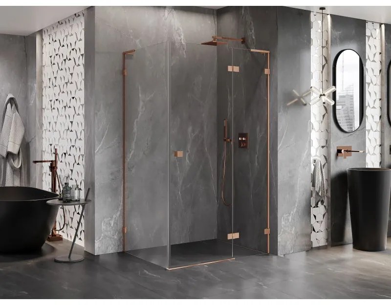 Mexen Lunar, L pravostranný výklopný sprchový kút 75 x 70 cm, 8mm číre sklo, profil medená matná, 834L-075-070-65-00-P