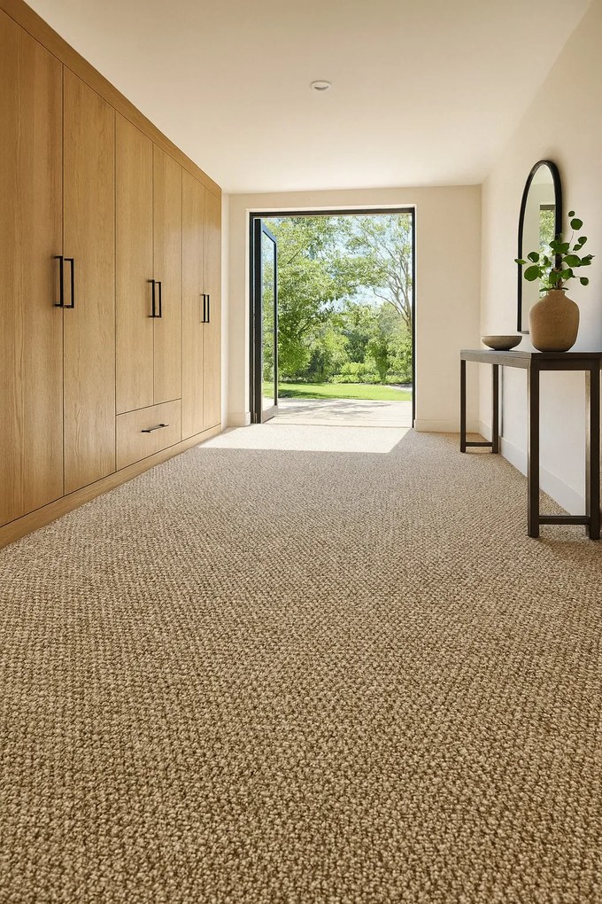 Timzo, Metrážny koberec Rubin 2114 sand, na mieru, šíře 4m, béžová, ab (mriežka), chodba / predsieň