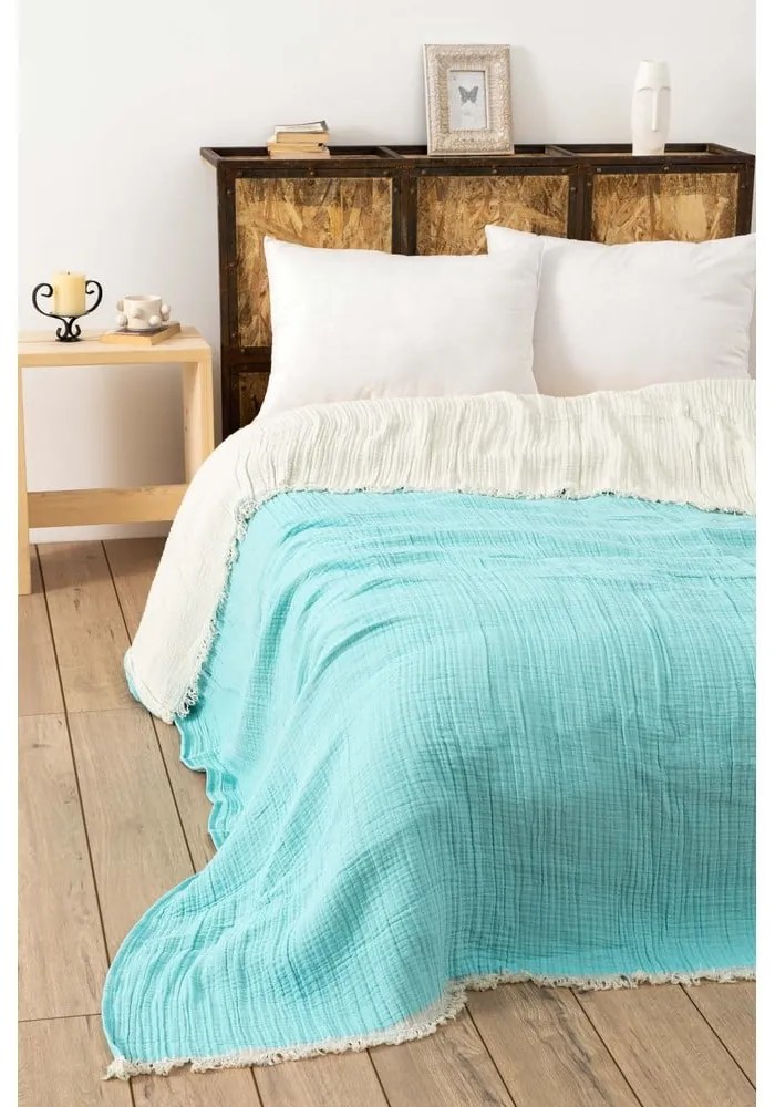 Tyrkysový mušelínový pléd 170x250 cm Muslin – Mijolnir
