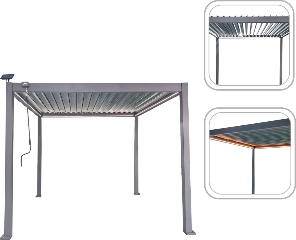Garden Line Hliníková záhradná pergola, sivá, LED, 3 x 3 x 2,5 m *0555