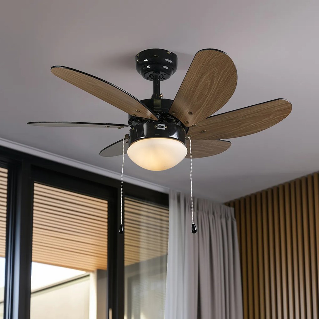 Stropný ventilátor čierny s drevenou potlačou 80 cm s ťahovým spínačom - Fresh