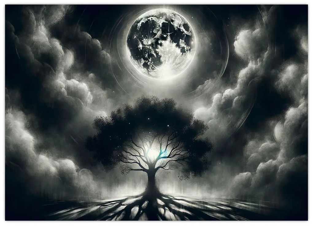 Sklenený obraz – Čiernobiely strom v splne (70x50 cm)
