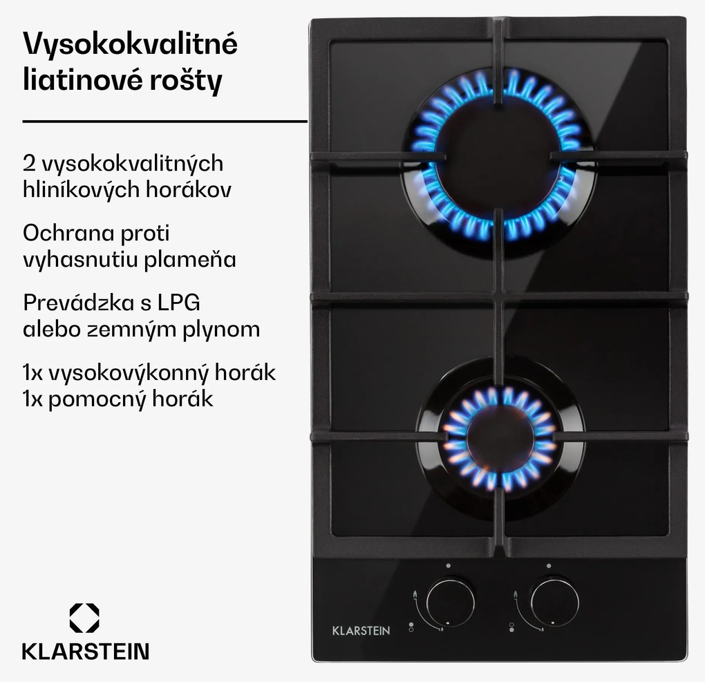 Klarstein Ignito Domino, plynová varná doska, 2 Sabaf horáky, sklokeramika, čierna