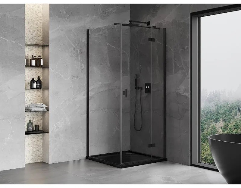 Mexen Mist H T, sprchový kút s výklopnými dverami pravý 95 x 95 cm, číre sklo, čierny profil, 8A5T-095-095-70-00-P