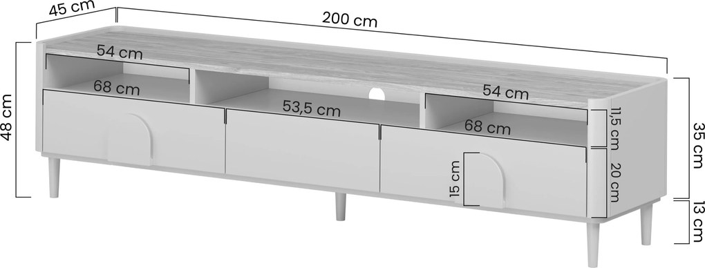 TV skrinka Amilio 200 cm na nožičkách - eukalyptus / dub baltic dune / dub prírodný