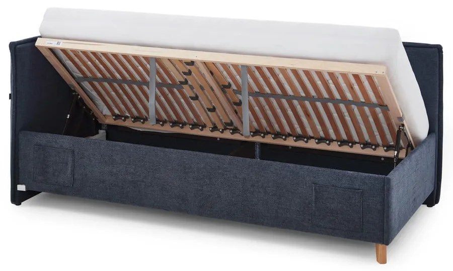 Tmavomodrá čalúnená rohová detská posteľ s úložným priestorom s roštom 90x200 cm Fun – Meise Möbel