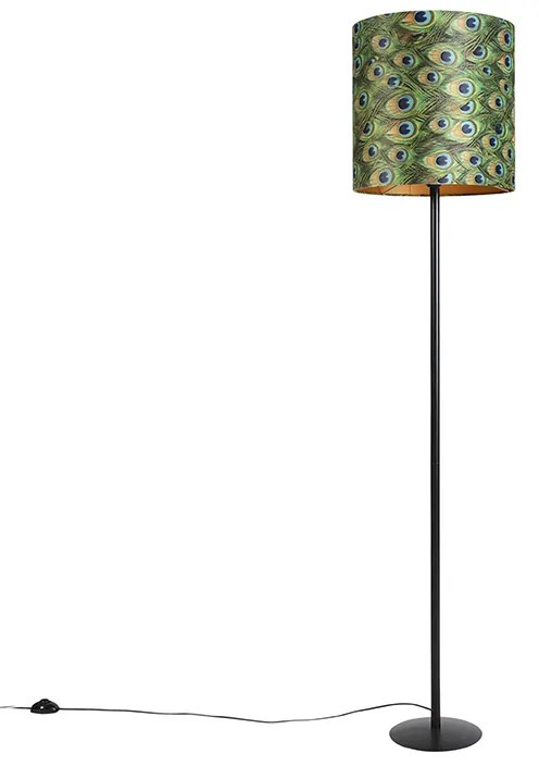 Čierna stojaca lampa s velúrovým odtieňom pávie zlato 40 cm - Simplo