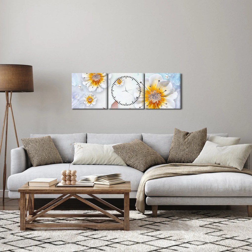 Obraz - Kompozícia s kvetmi a motýľmi (s hodinami) (90x30 cm)