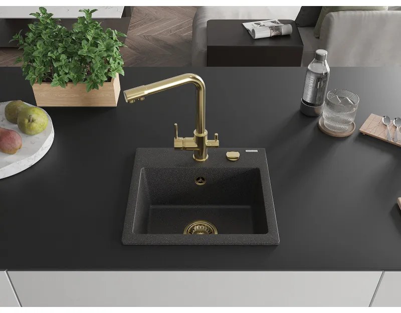Mexen Milo, granitový drez 435x410x171 mm, 1-komorový a zlatá batéria Duero, čierna škvrnitá, 6505-76-671600-50