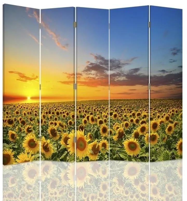 Ozdobný paraván, Krajina se slunečnicemi - 180x170 cm, päťdielny, klasický paraván