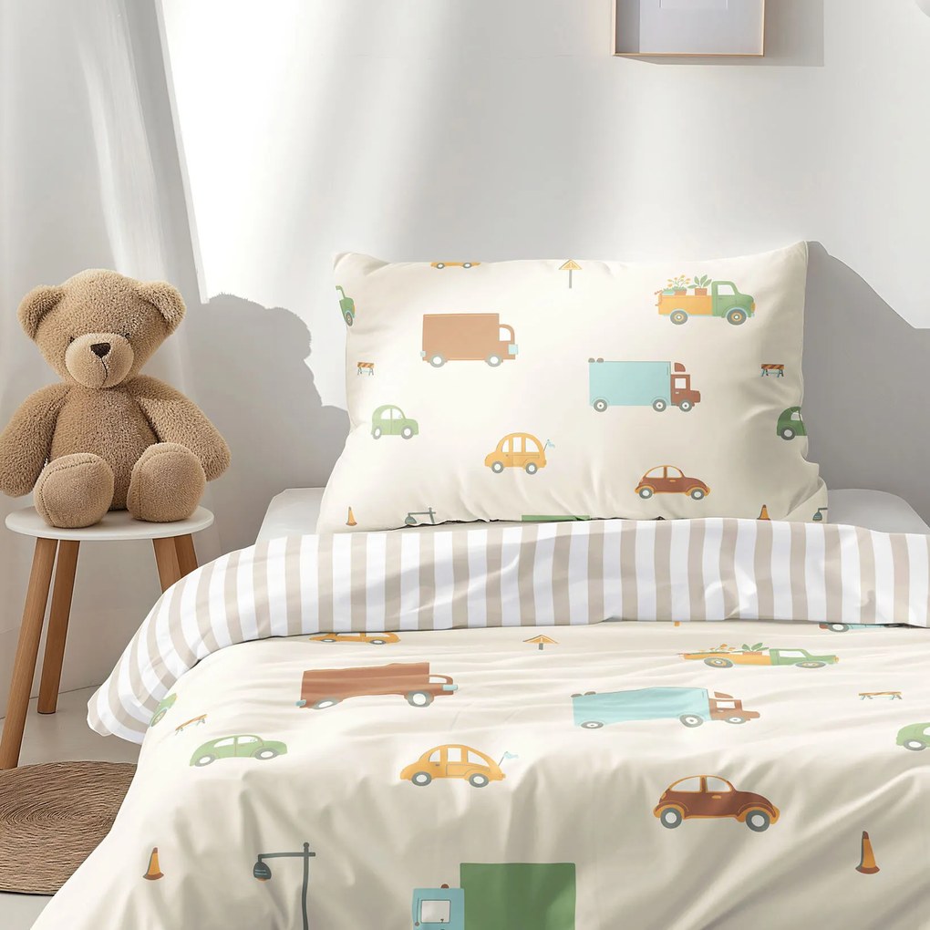 Goldea detské bavlnené obliečky - svet autíčok s latte prúžkami 140 x 200 a 70 x 90 cm