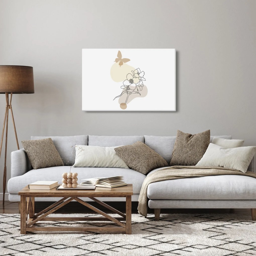 Obraz - Béžové kvety s motýľom N⁰3 (90x60 cm)