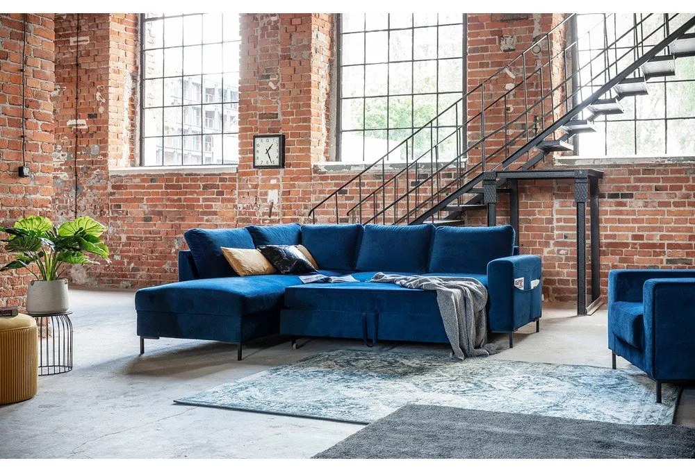 Tmavomodrá zamatová rozkladacia rohová pohovka (ľavý roh) Lofty Lilly – Miuform