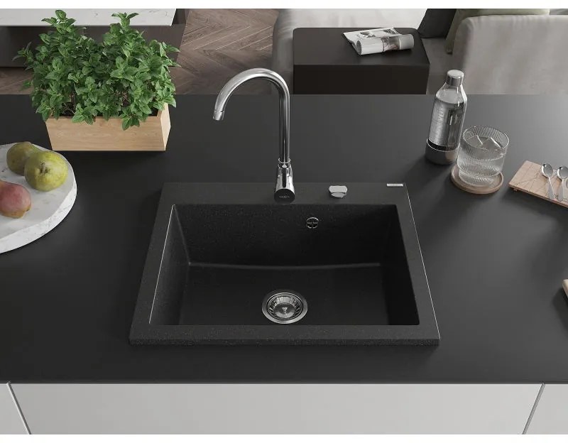 Mexen Eliz, 1-komorový granitový drez 600 x 500 mm, čierna/strieborná metalíza, chrómový sifón - 6525601005-73