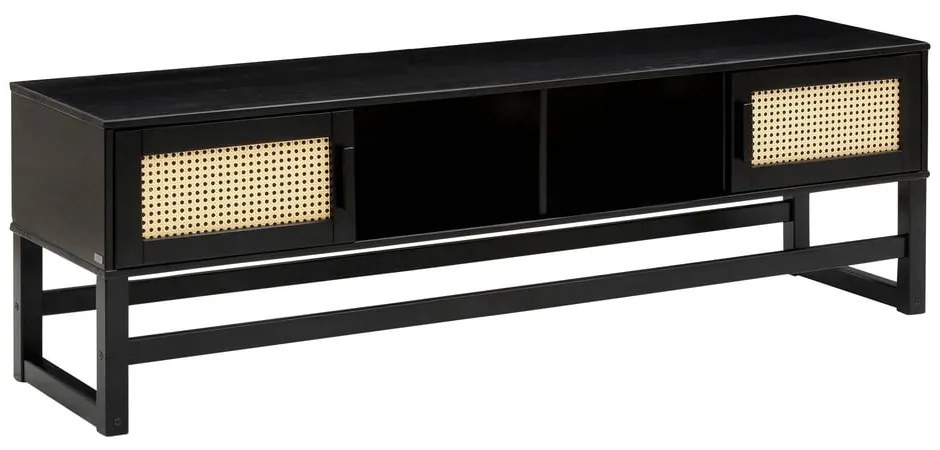 Čierny TV stolík z borovicového dreva s ratanovými dvierkami Støraa Jolene