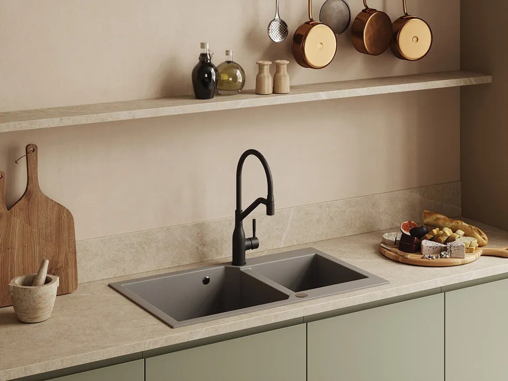 Kuchinox Milos, 2-komorový granitový drez 980x500x215 mm + sifón, biela matná, LAV-SPM_6209